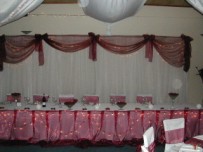 Bridal main table with fairy lights, organza frill and backdrop